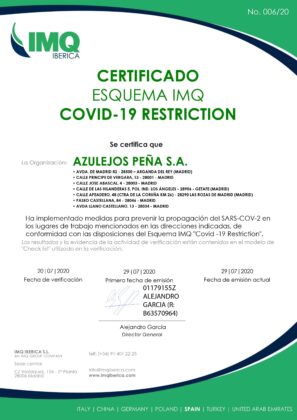 Certificado Covid 19 Azulejos Peña | Azulejos Peña