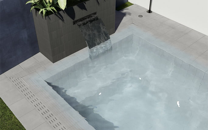 Cascada piscina con sistema desbordante Grating Azulejos Pena