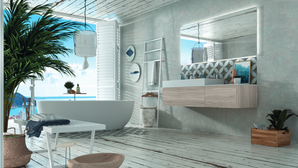 Mueble de baño en dos alturas y color de madera clara