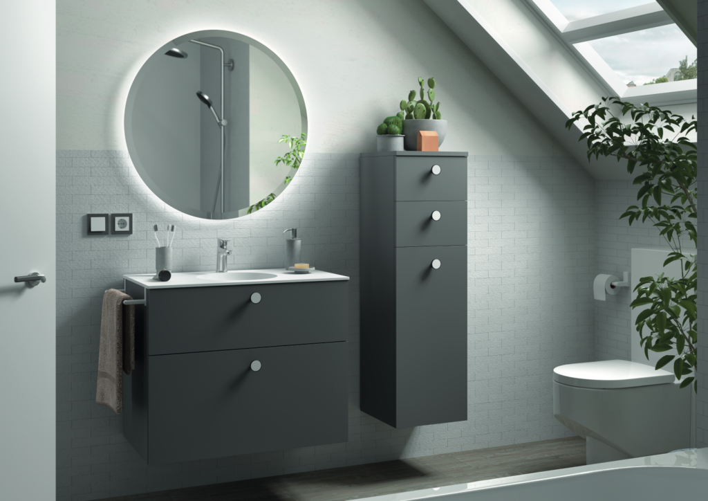 Mueble de baño elegante en tonos oscuros y columna a juego